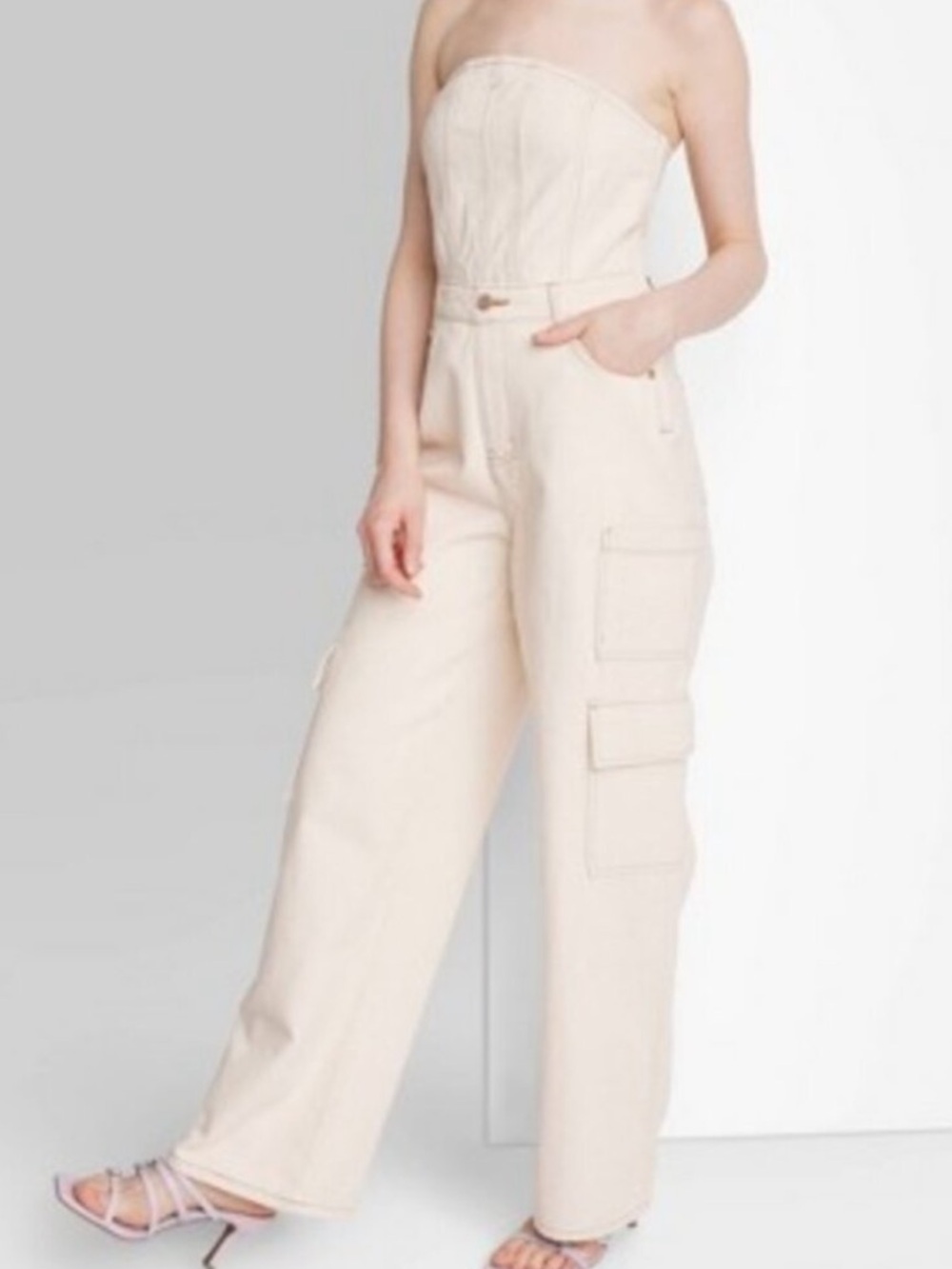 Wild Fable Strapless Cargo Off-White Denim Jumpsuit XS